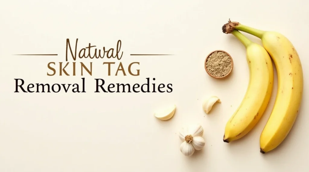 A collection of natural remedies for skin tag removal, including apple cider vinegar, tea tree oil, garlic cloves, and aloe vera gel on a neutral background.