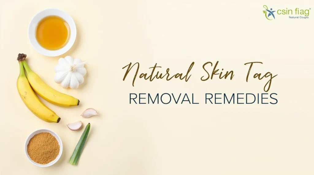 A collection of natural remedies for skin tag removal, including apple cider vinegar, tea tree oil, garlic cloves, and aloe vera gel on a neutral background.